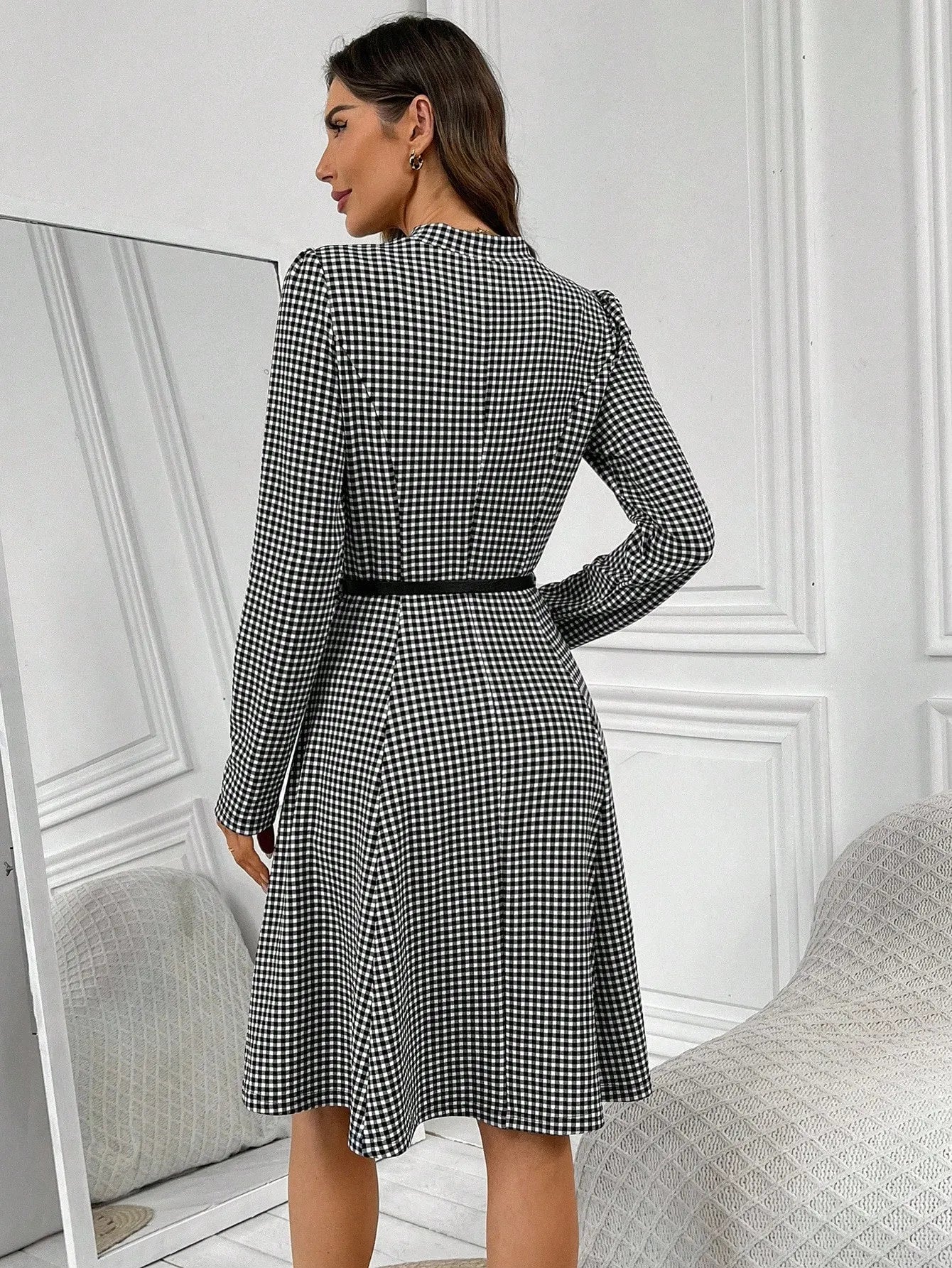 Gingham Stand Collar A-Line Mini Dress