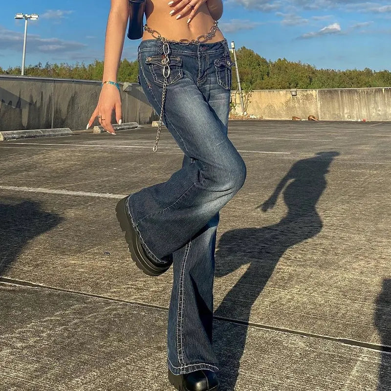 Y2K Dark Blue Multi Pocket Chain Decor Flared Jeans