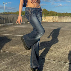 Y2K Dark Blue Multi Pocket Chain Decor Flared Jeans