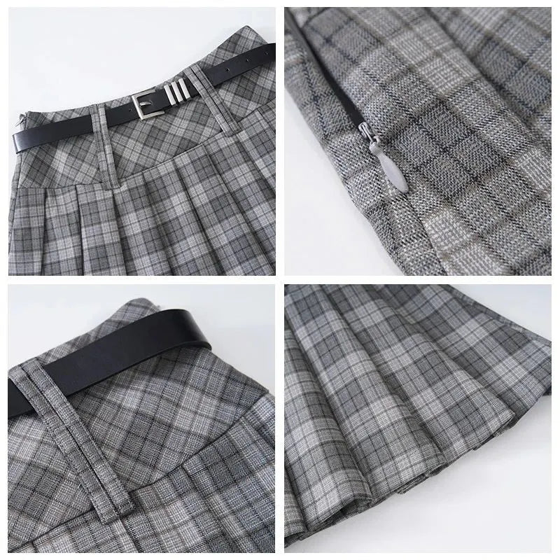 Y2K Streetwear Detachable Belt Plaid Pleated Skirt High Waist Mini Skirt