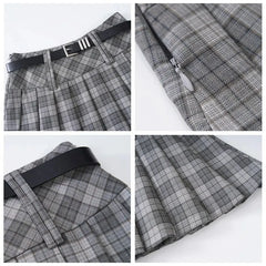 Y2K Streetwear Detachable Belt Plaid Pleated Skirt High Waist Mini Skirt