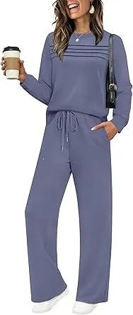 Dark Grey Pleated Detail Top & Drawstring Wide Leg Pants Two Piece Loungewear Set