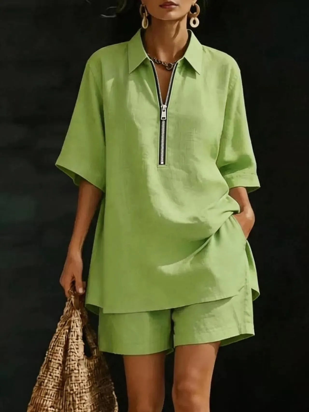 White Half-Zip Shirt & Shorts Linen Set