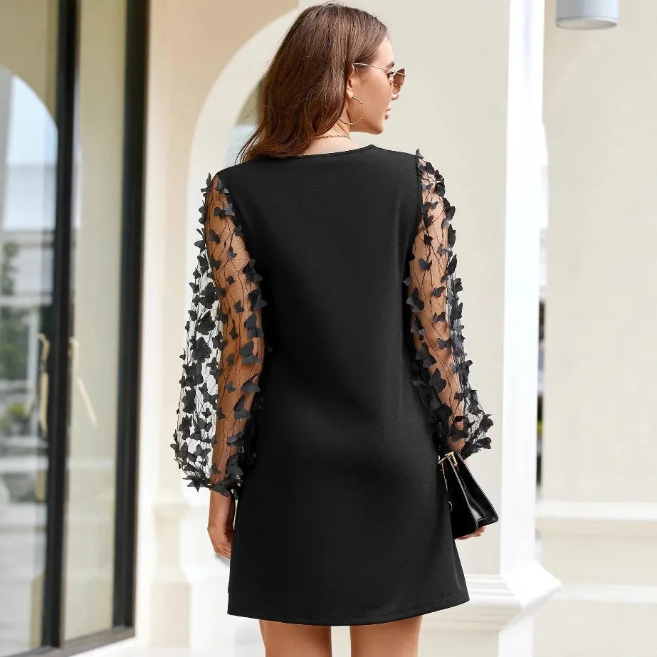 Contrast Mesh Sleeve Round Neck A-Line Midi Dress