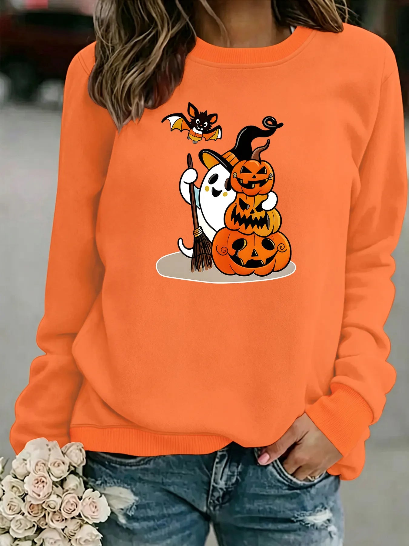 Halloween Ghost Pumpkin Bat Graphic Sweatshirt