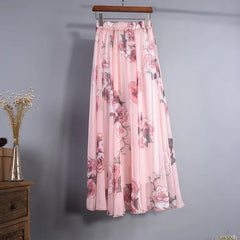Floral Print Chiffon Maxi Skirt High Waist Flowy A-Line Skirt