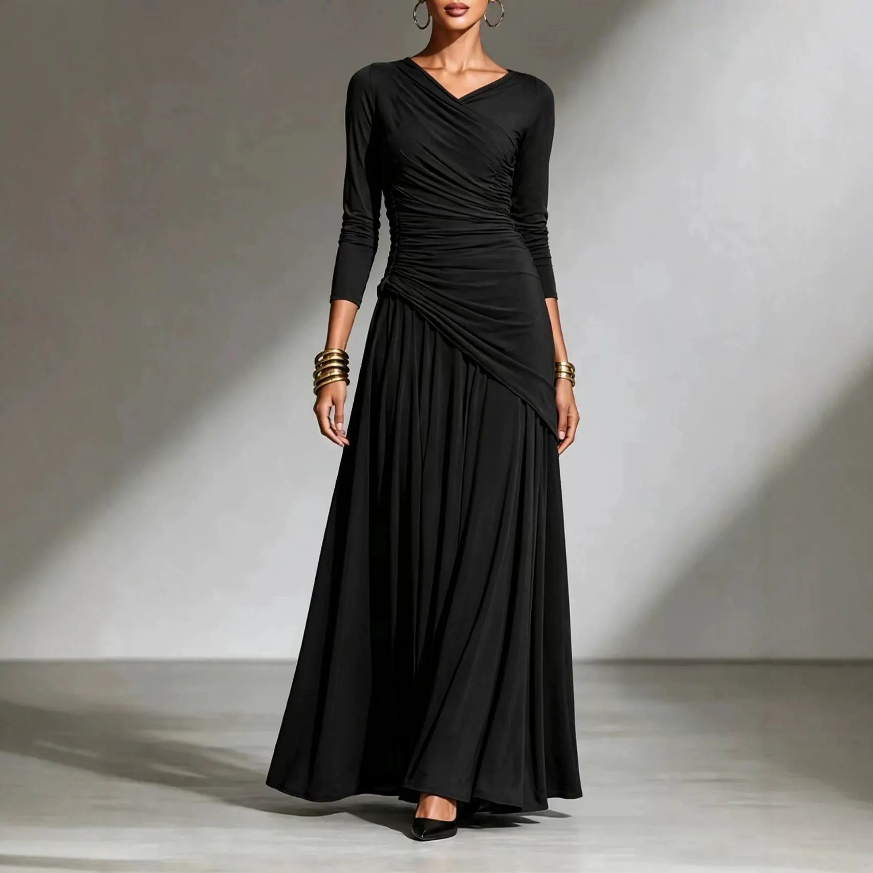 Elegant Long Sleeve Maxi Dress, Surplice V Neck Side Ruched Asymmetrical Flowy Gown