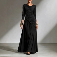 Elegant Long Sleeve Maxi Dress, Surplice V Neck Side Ruched Asymmetrical Flowy Gown