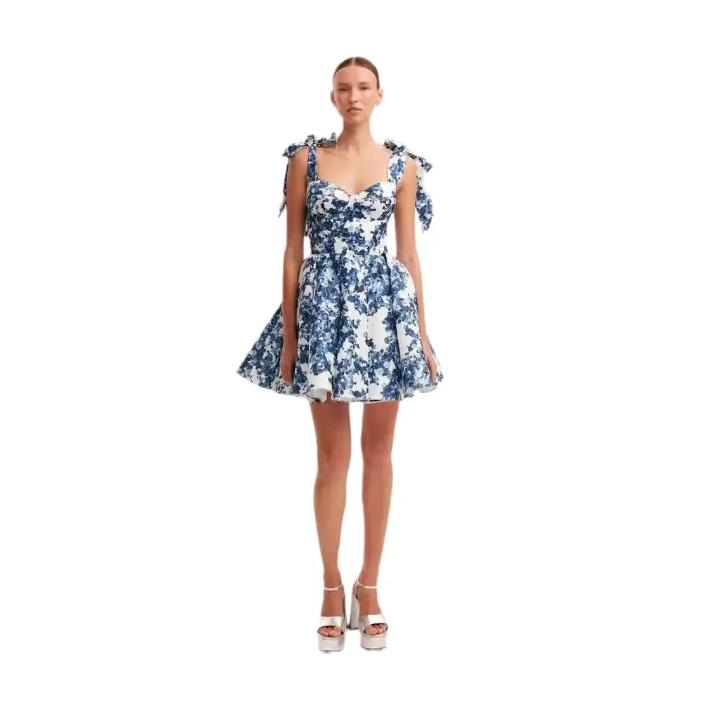 Bow Strap Sweetheart Floral Print Mini Dress