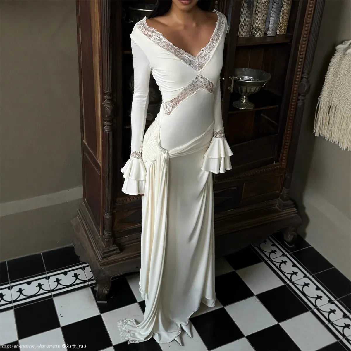 White Lace Maxi Dress, V-Neck Bell Sleeve Bodycon Bridal Gown