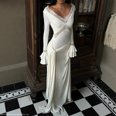 White Lace Maxi Dress, V-Neck Bell Sleeve Bodycon Bridal Gown