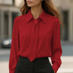 Lapel Tie Neck Solid Soft Satin Long Sleeve Commuter Blouse