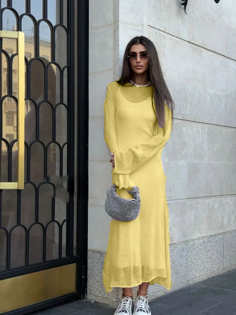 Light Pink Semi Sheer Knit Dress, Ladies Crew Neck Flared Sleeve Elegant Long Knit Midi Dress