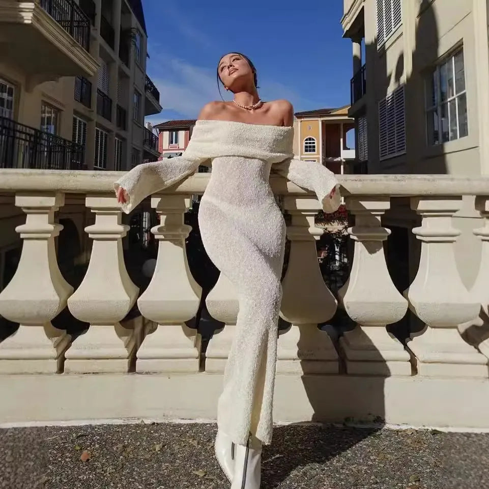 Pink Sequin Off-Shoulder Long Sleeve Midi Dress