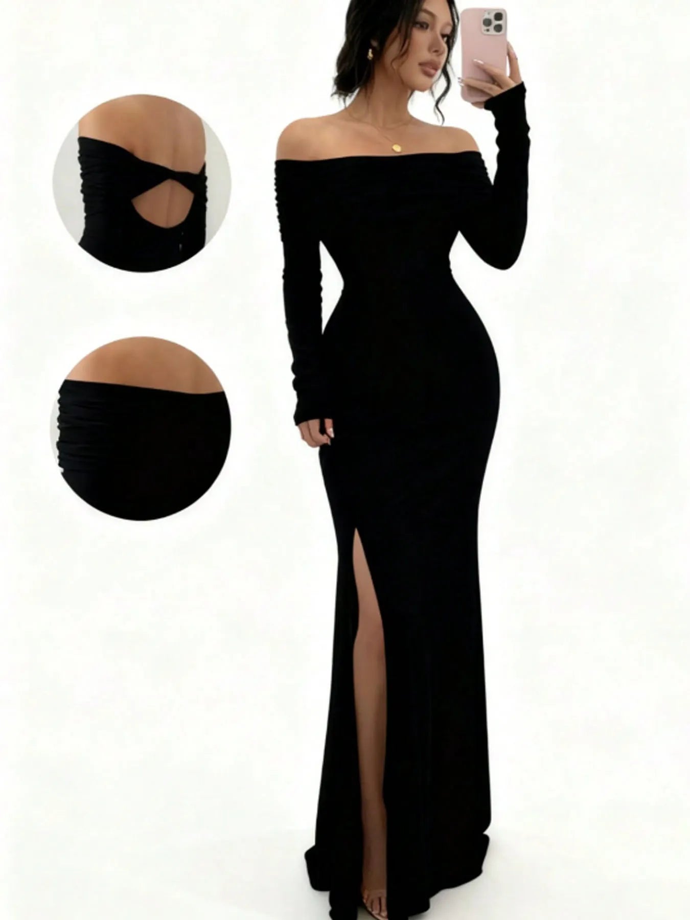 Solid Off Shoulder Back Cross Split Mermaid Maxi Dress