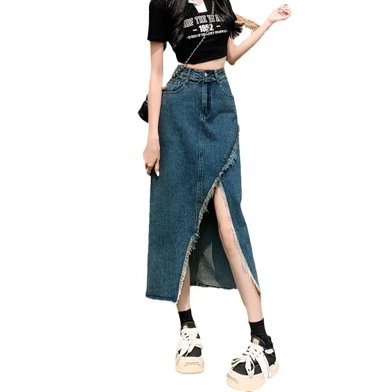 High Waist Split Denim Midi Skirt