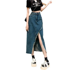High Waist Split Denim Midi Skirt
