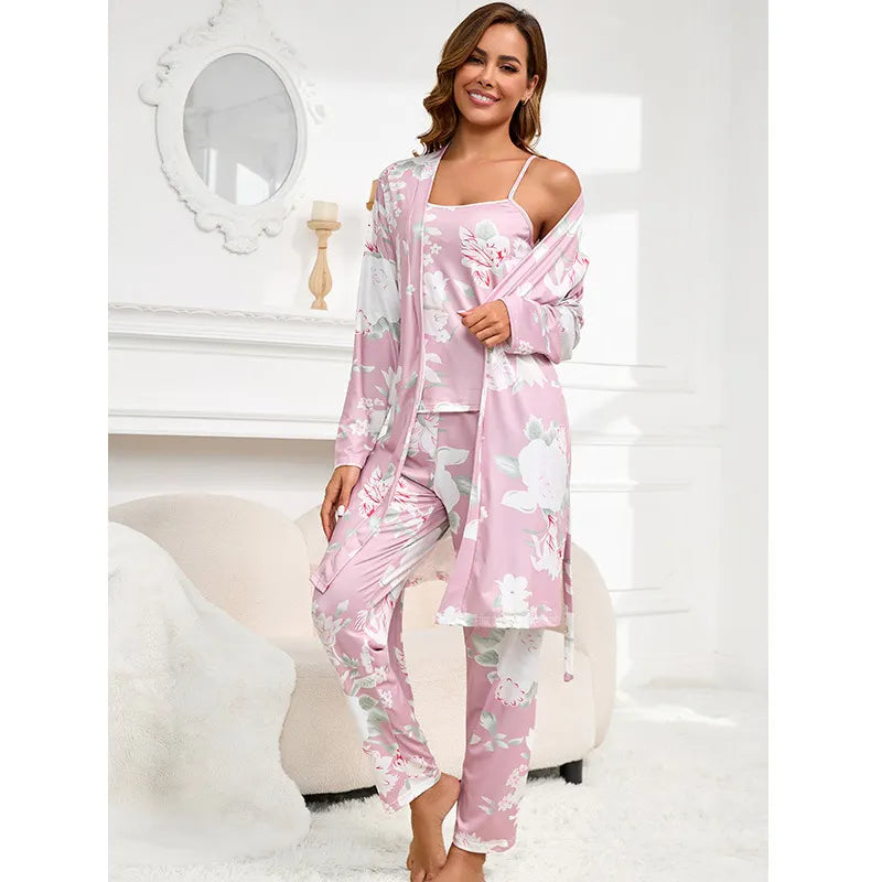 Allover Floral Print 3-Piece Robe Cami Long Pants Loungewear Set