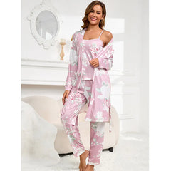 Allover Floral Print 3-Piece Robe Cami Long Pants Loungewear Set