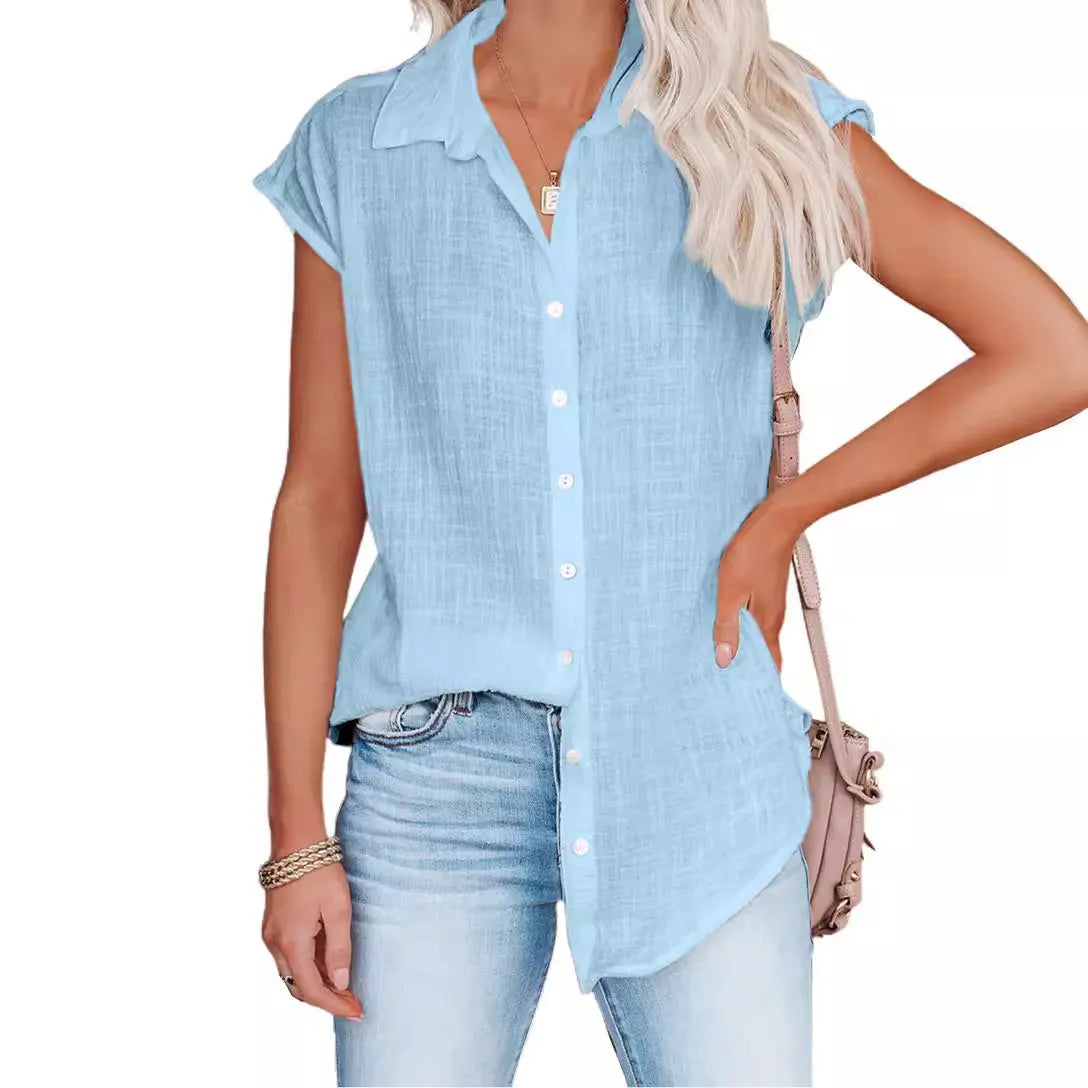 White Sleeveless Button Down Shirt, Loose Fit Linen Blend Blouse for Summer