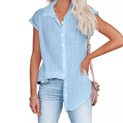 White Sleeveless Button Down Shirt, Loose Fit Linen Blend Blouse for Summer