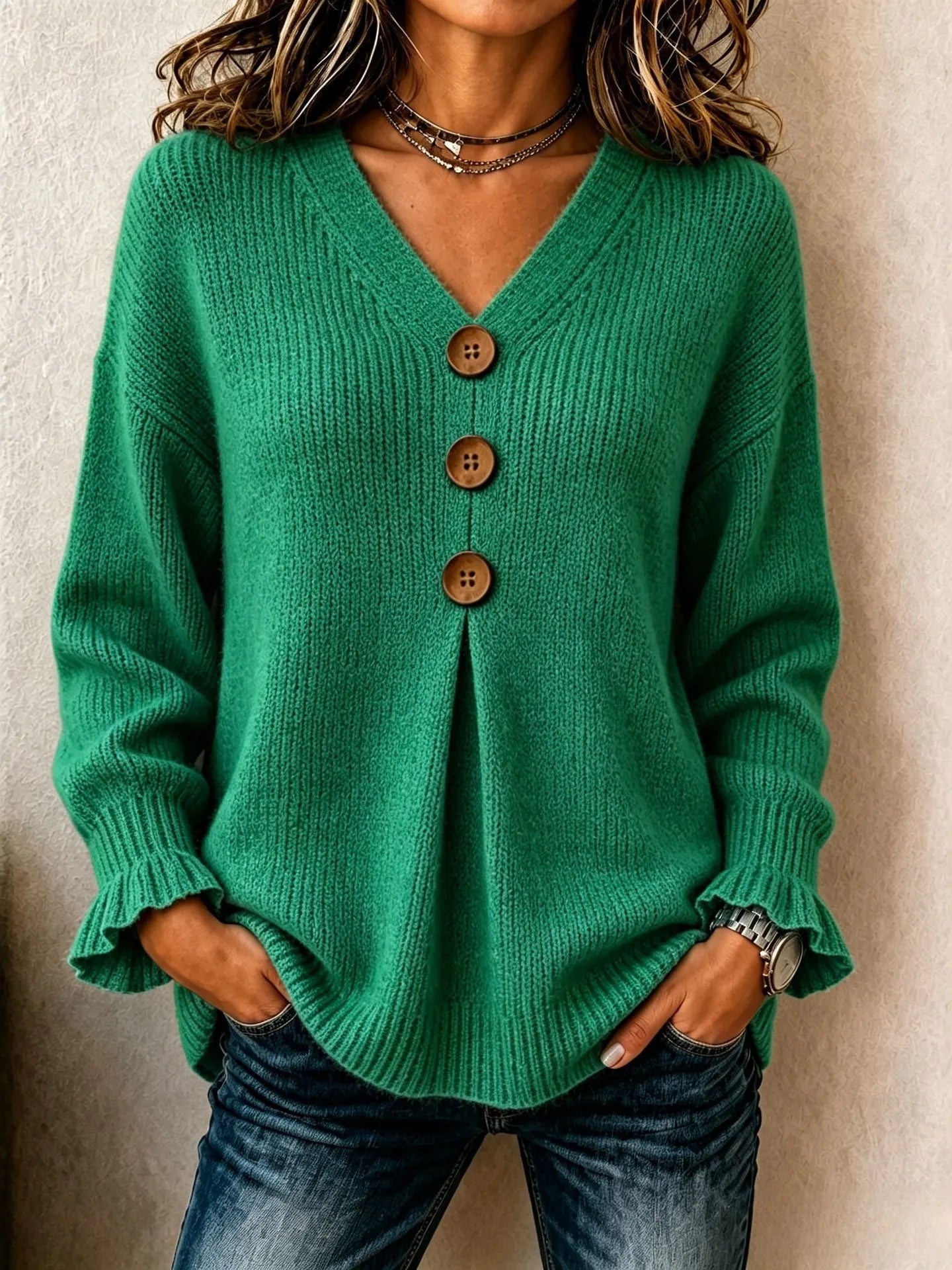V‑Neck Button Detail Pullover Sweater