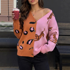 Color Block Leopard Tiger Print Knit Cardigan V Neck Button Down Oversized Sweater Coat