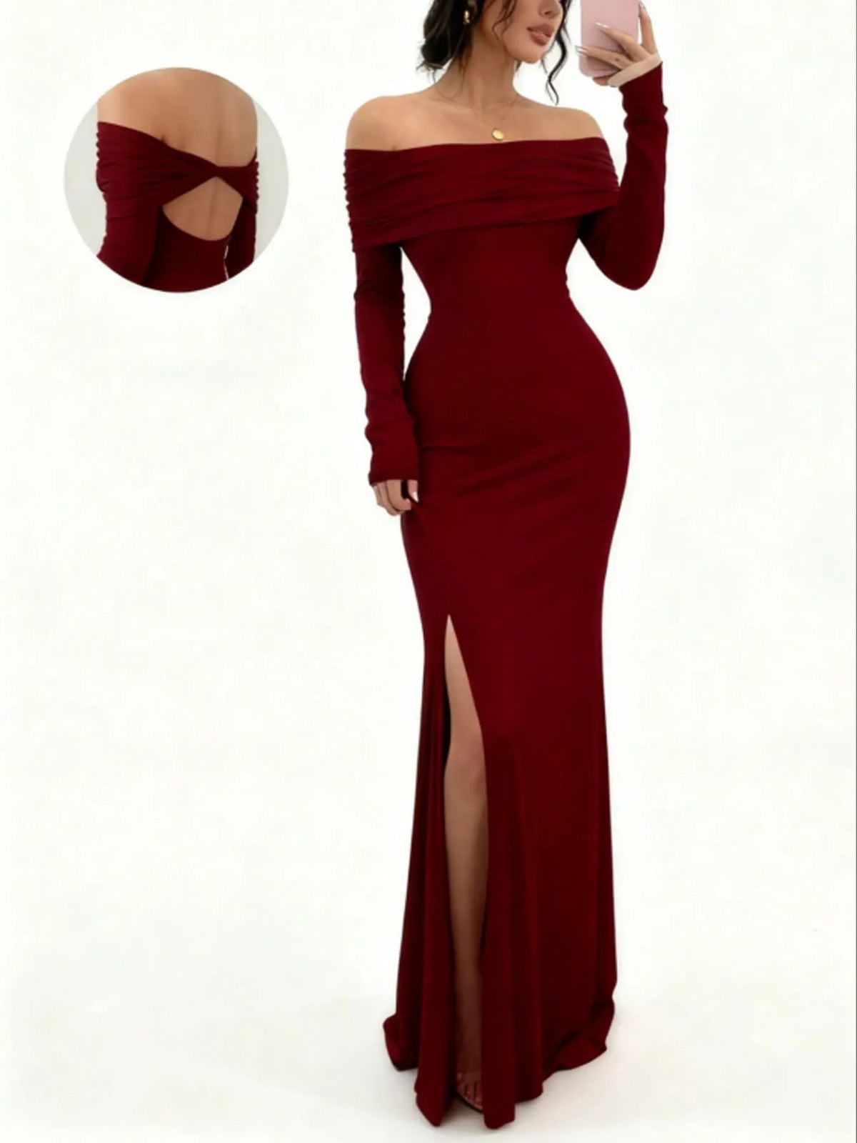 Solid Off Shoulder Back Cross Split Mermaid Maxi Dress