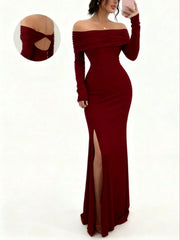 Solid Off Shoulder Back Cross Split Mermaid Maxi Dress