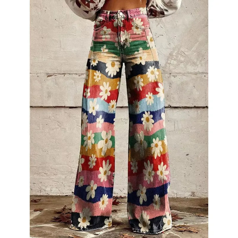 High Waist Western Cowboy Horse Print Wide Leg Pants