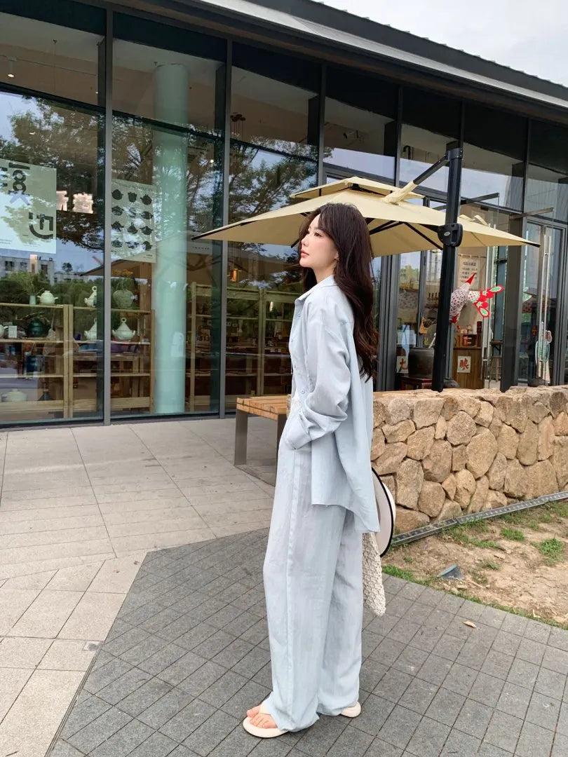 Oversized Long Sleeve Shirt Drawstring Shorts / Pants 2 Piece Casual Suit