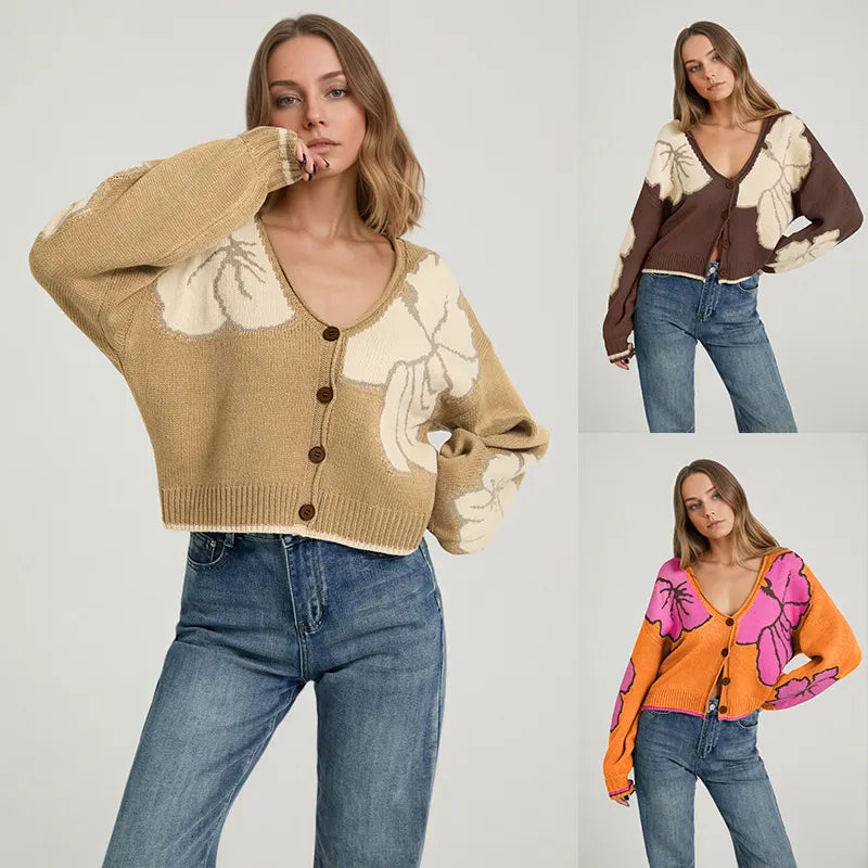 Oversized Floral Print Knit Cardigan Vintage Big Flower Long Sleeve Button Front Top