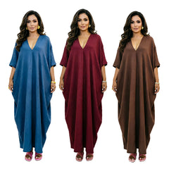 Deep V Neck Batwing Sleeve Loose Cotton Linen Maxi Kaftan Dress