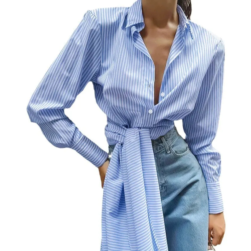 Womne's Striped Wrap Tie Waist Long Sleeve Shirt