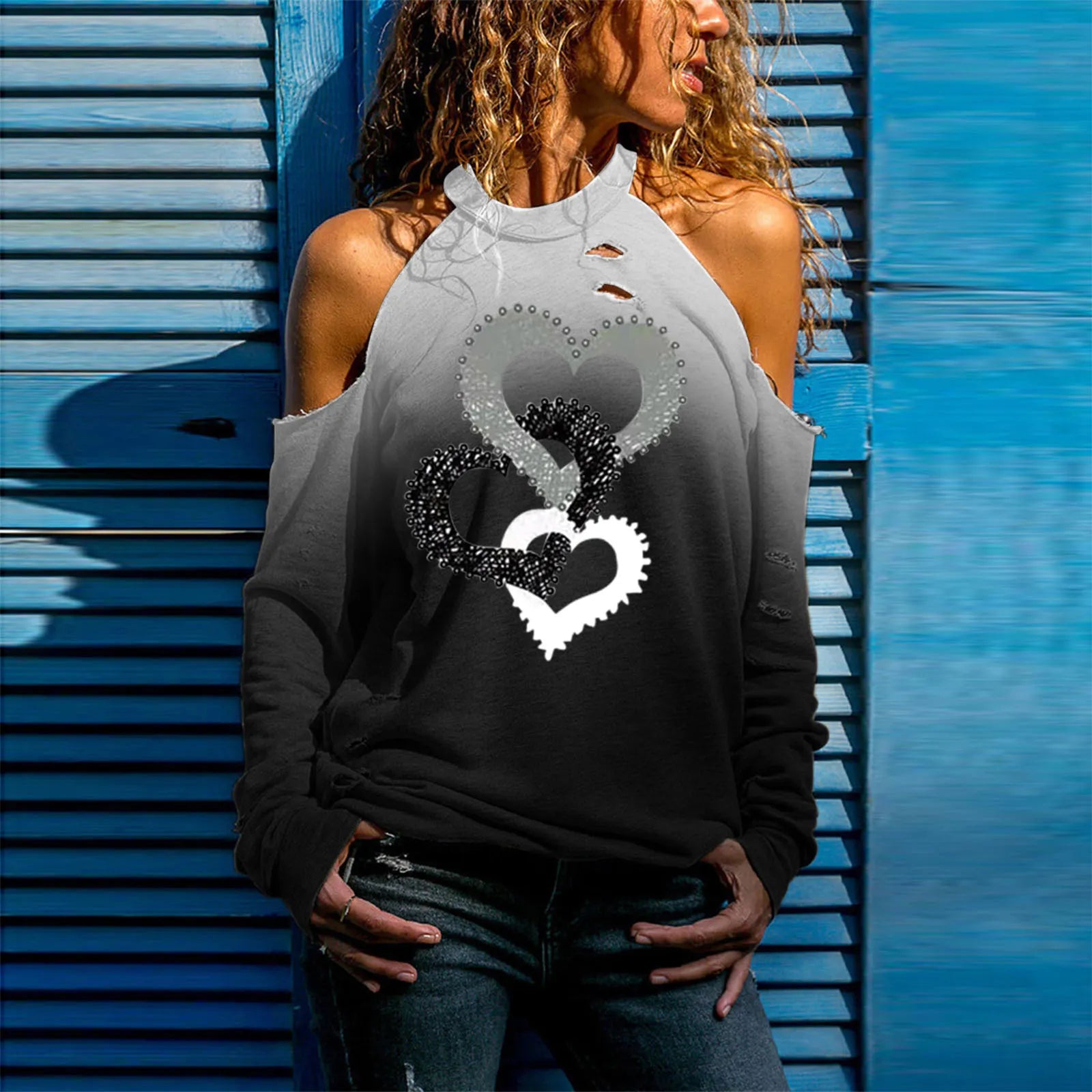 Halloween Skull Print Cold Shoulder Distressed Sweatshirt