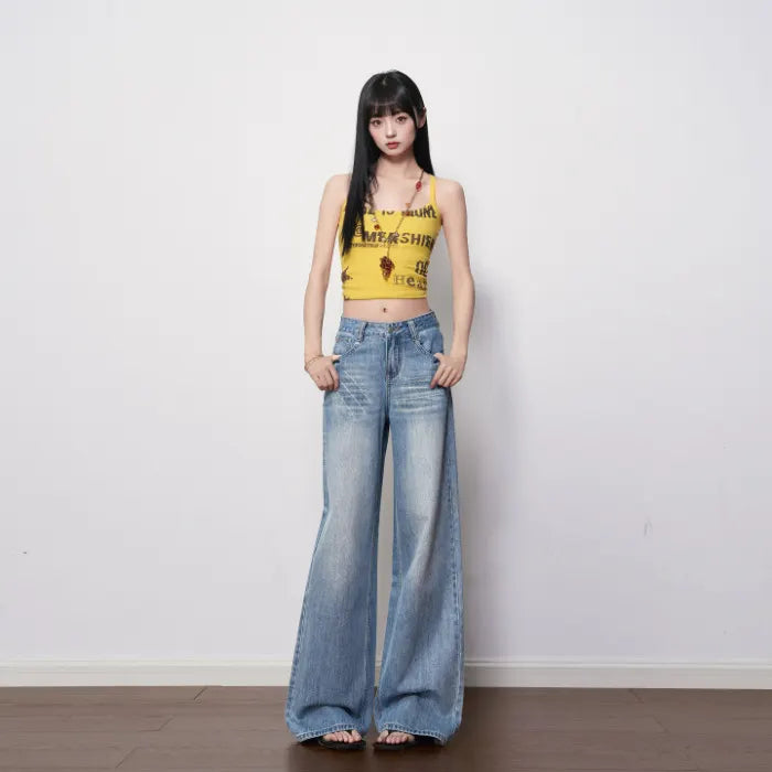 Ultra Low Waist Non-Stretch Retro Wide Leg Denim Jeans