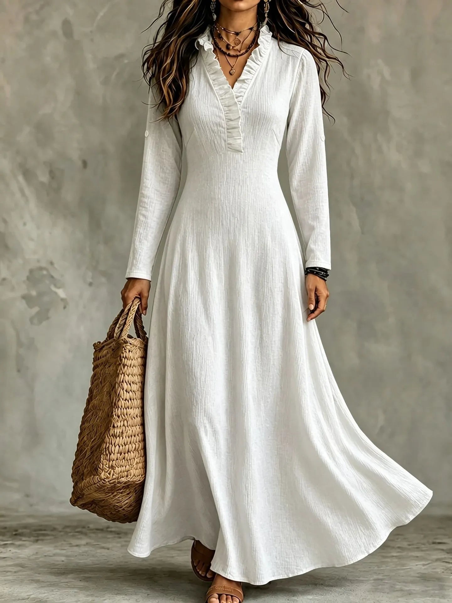 Olive Green Ruffled V-Neck Long Sleeve Flowy Maxi Dress