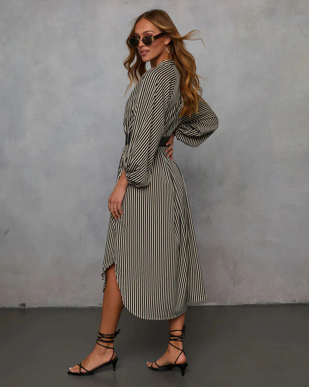 Stripe Balloon Sleeve Midi Shirt Dress With Belt