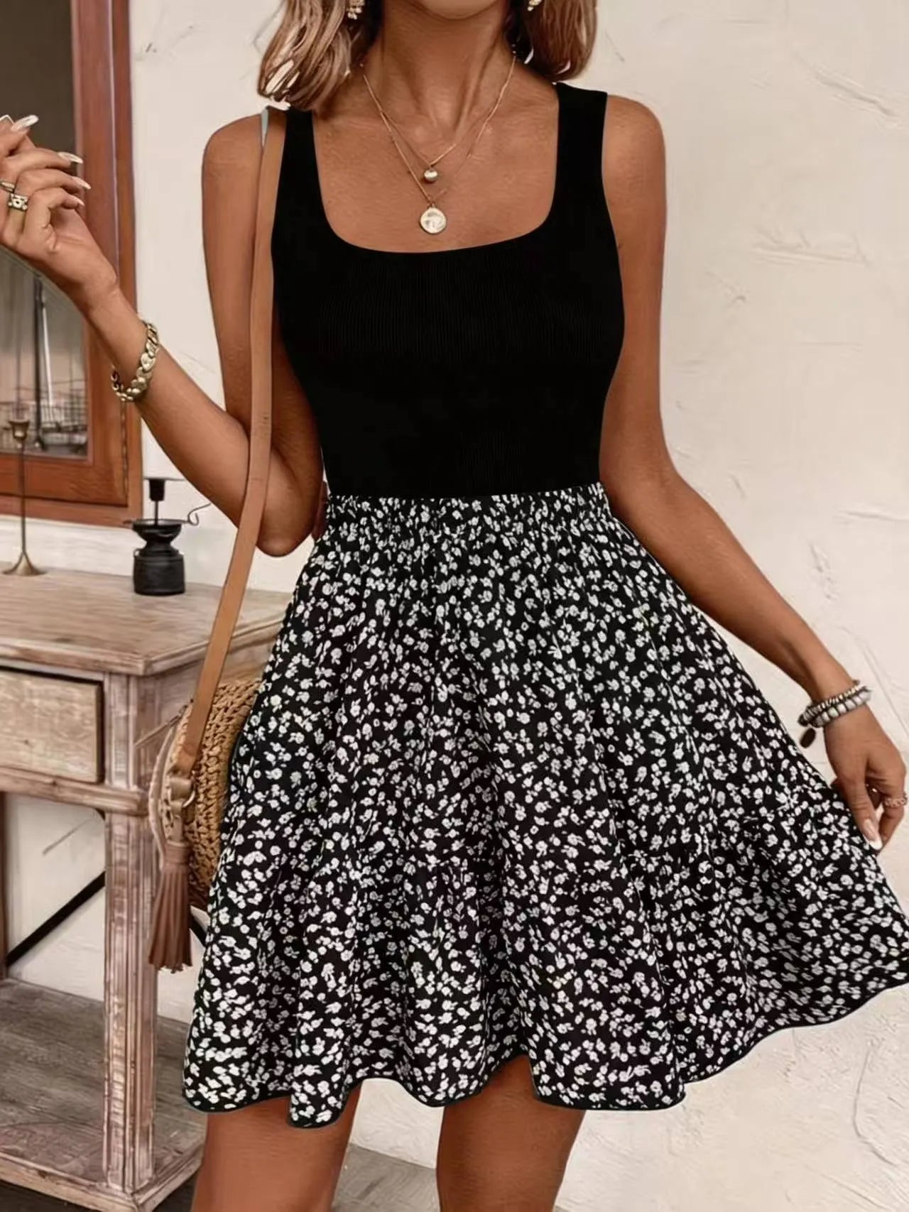 Square Neck Sleeveless Floral Spliced Slim-Fit Midi Dress