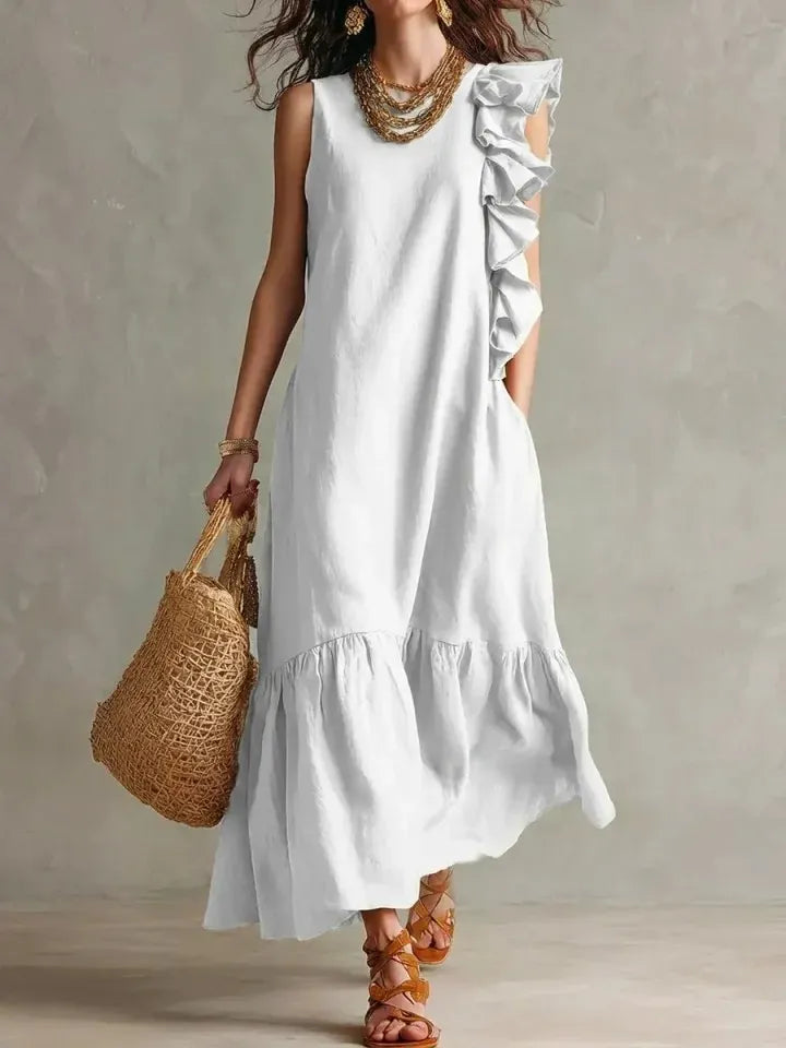 Pleating Blue Ruffle Sleeveless Tiered Maxi Dress