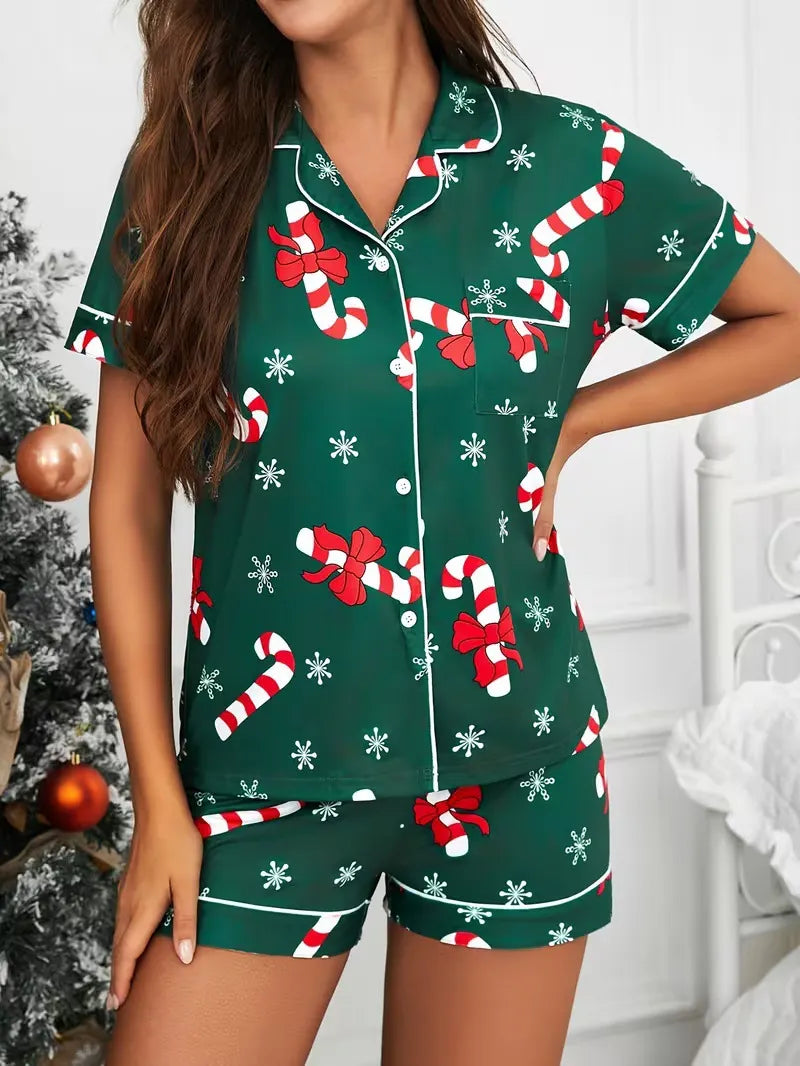 Ladies Plus Size Friendly Satin Pajama Set Cute Panda Heart Pattern Short Sleeve Top & Elastic Shorts Nightwear