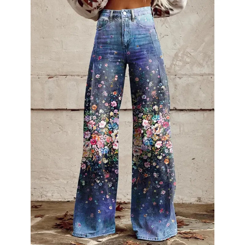 High Waist Western Cowboy Horse Print Wide Leg Pants
