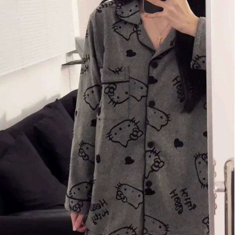 Dark Grey Cartoon Cat Pattern Pajamas, Long Sleeve Collared Button Top & Matching Pants Nightwear