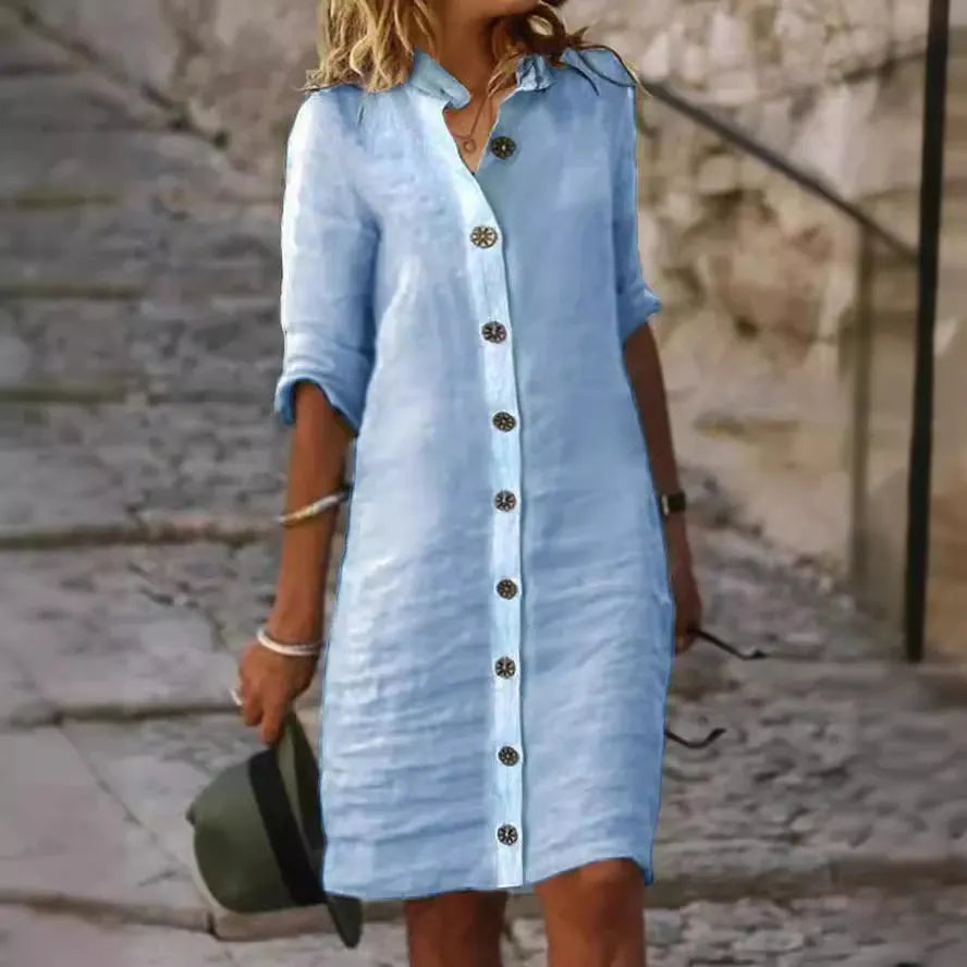 Cotton Linen Button-Front Shirt Dress
