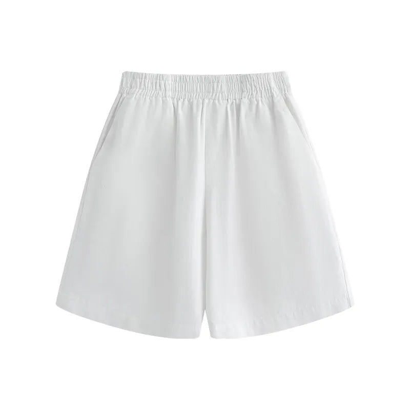 High Waist Elastic Waistband Micro-Stretch Cotton Wide-Leg Five-Point Shorts