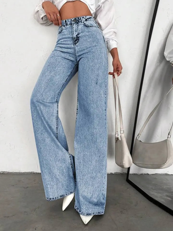 Acid Wash High Waist Wide Leg Denim Jeans