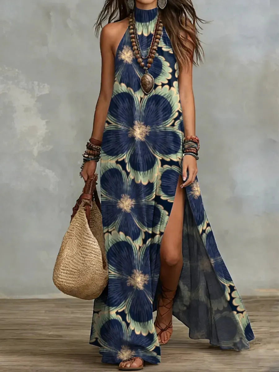 Bohemian Print Halter Neck Sleeveless Maxi Dress