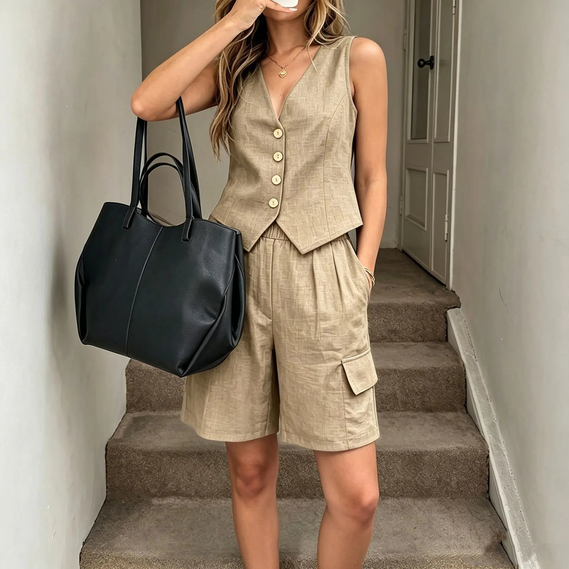 V-Neck Button Vest & Cargo Pocket Shorts Casual Two-Piece Set