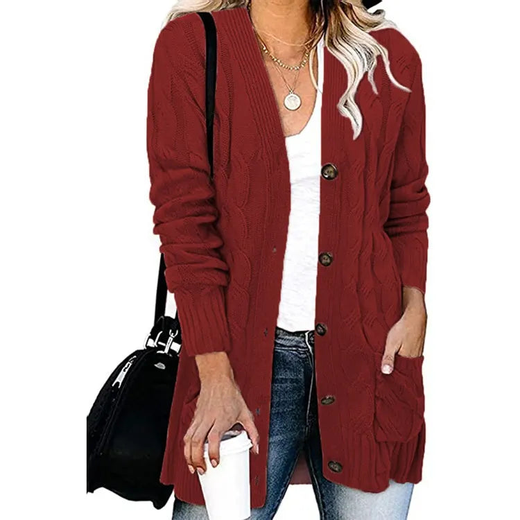 Casual Long Sleeve Cable Knit Cardigan Ladies Mid Length Open Front Button Sweater Jacket