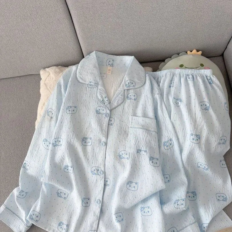 Light Blue Leopard Shirt & Pants 2 Piece Pajamas with Pocket Embroidery